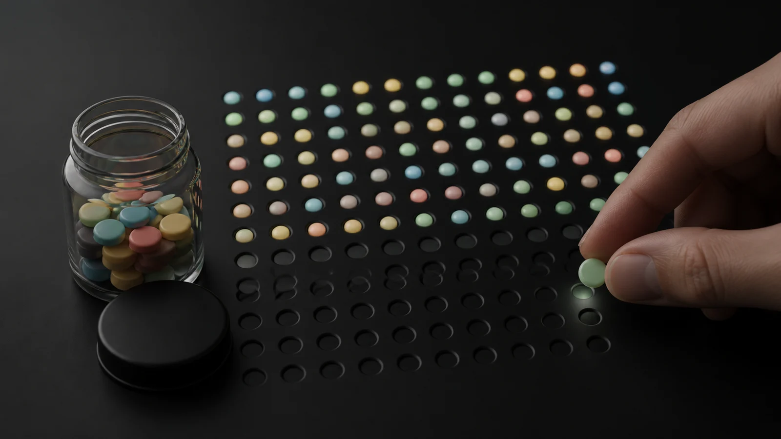 A jar of muted pastel buttons beside a dark One Percent year grid