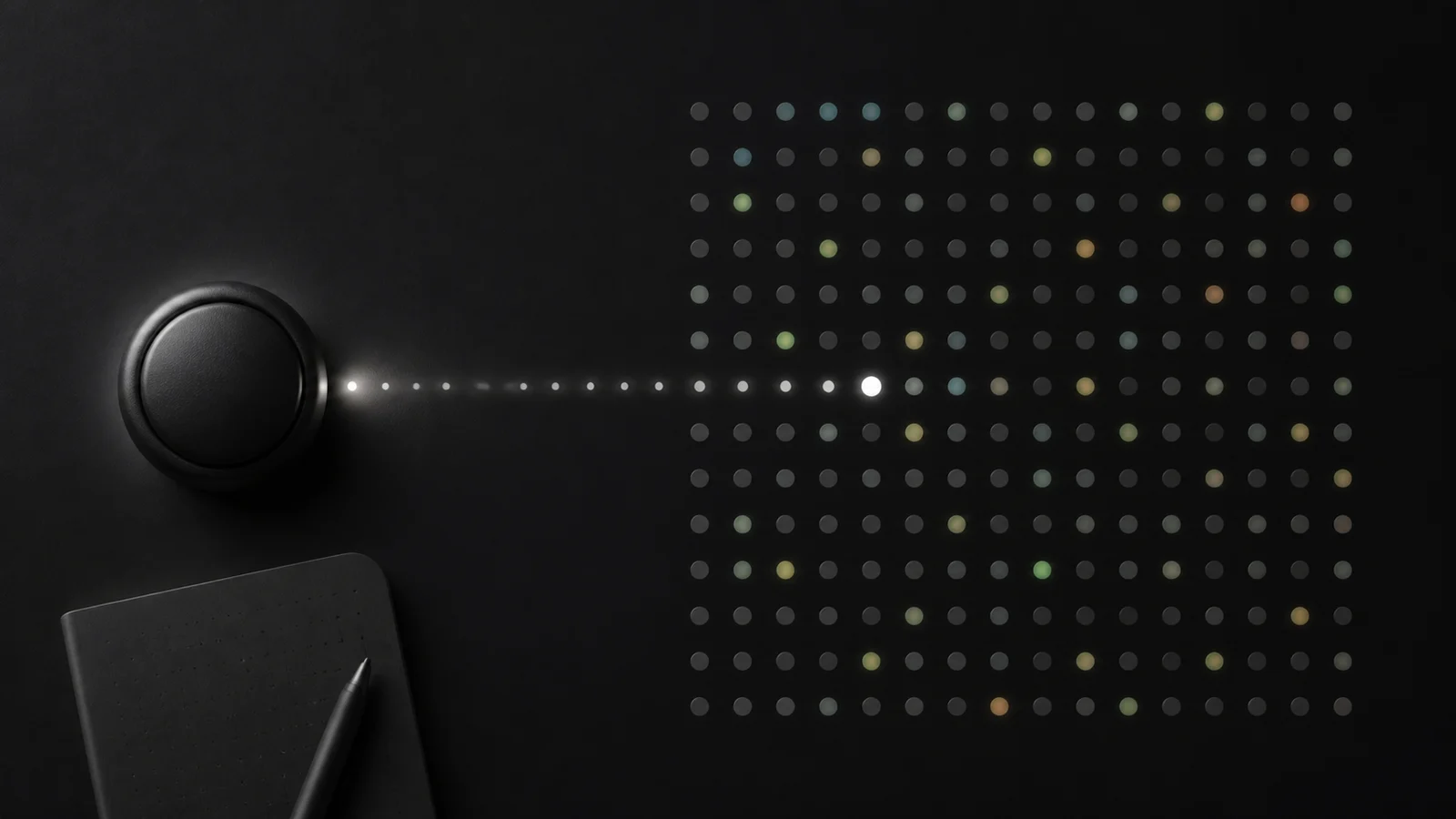 One physical button connects to one glowing point and a blank reflection card in a dark year grid