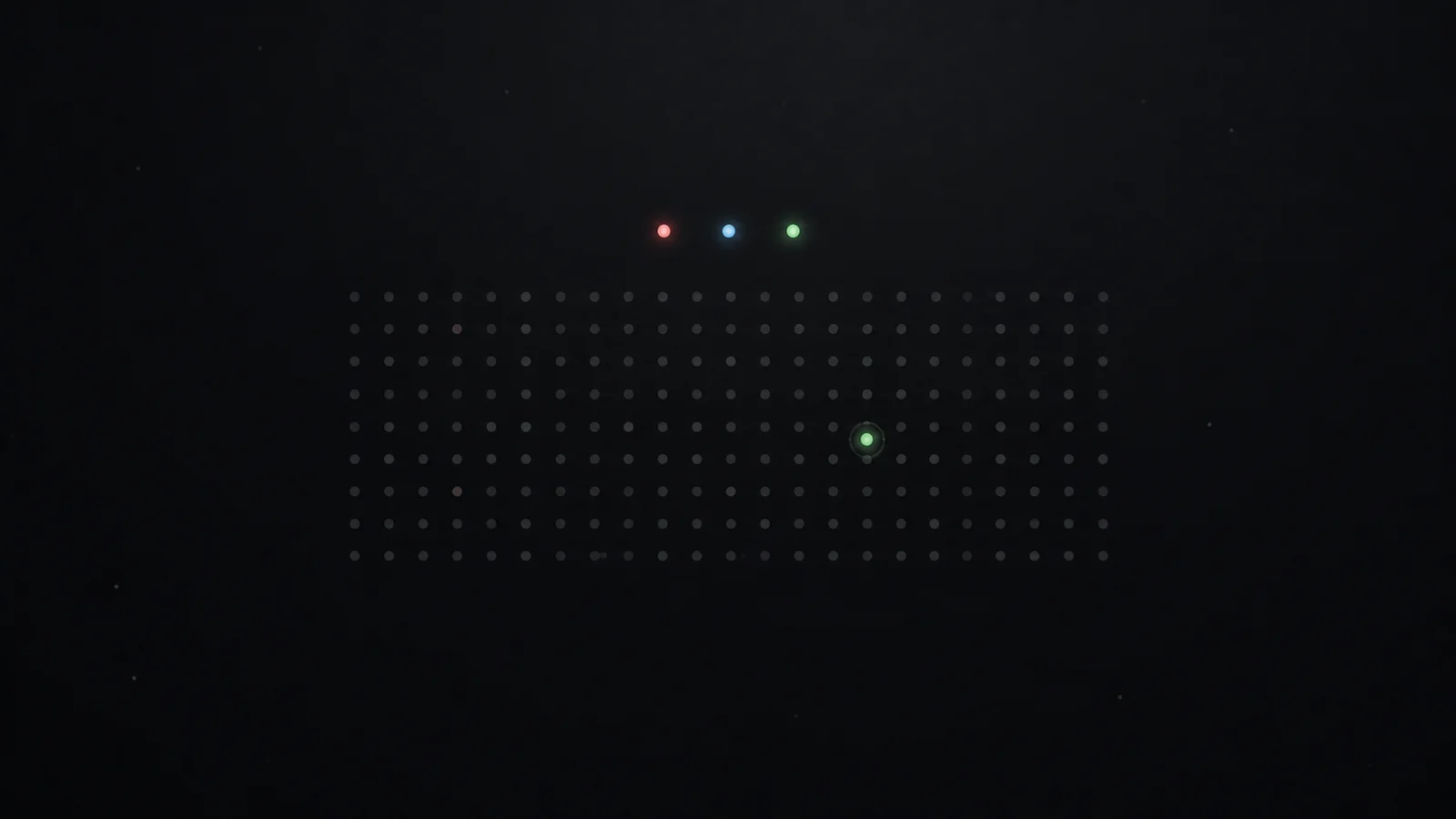 Three restrained rose, blue, and green dots above a sparse year-style dot grid on a nearly black background