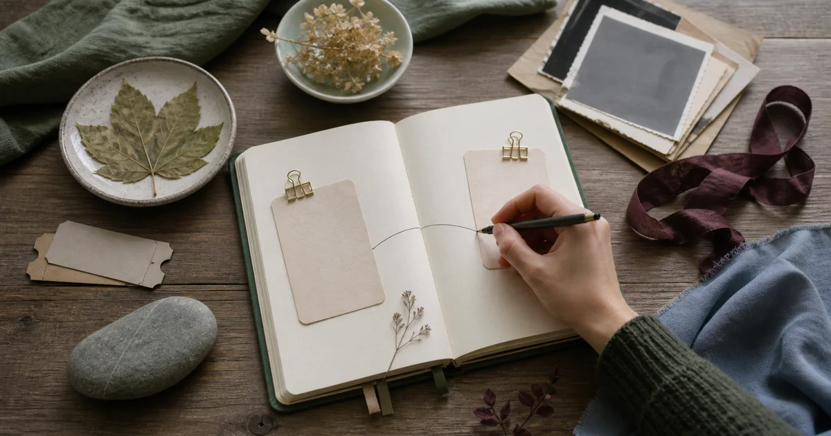 A hand connects two reflection cards among seasonal mementos in a journal