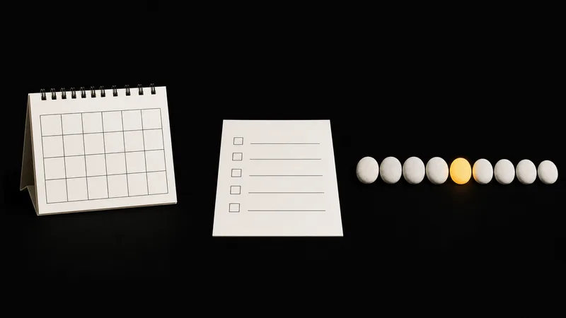 Three quiet objects on a black desk: a paper wall calendar, a simple checkbox list sheet, and a long row of small stones